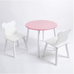 Комплект детский стол КРУГЛЫЙ и два стула МИШКА ROLTI Baby (розовая столешница/белое сиденье/белые ножки) в Сургуте - surgut.ok-mebel.com | фото